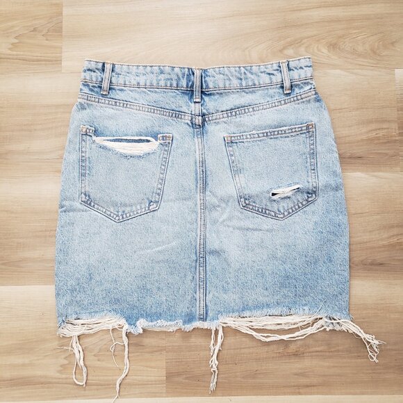 Zara Button Fly Distressed Fringed Hemline Denim Skirt Blue Size Large - Picture 6 of 9